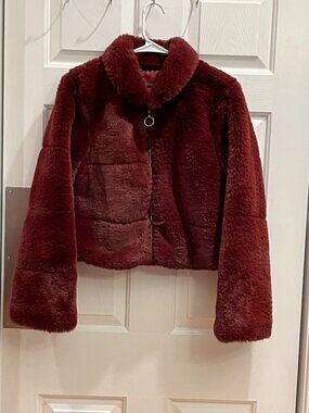 Capulet Long Sleeve Zip Up Maroon Faux Fur Teddy Jacket Coat Soft Plush Size M
